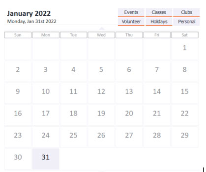 Custom calendar to search for events, classes, clubs, and more.